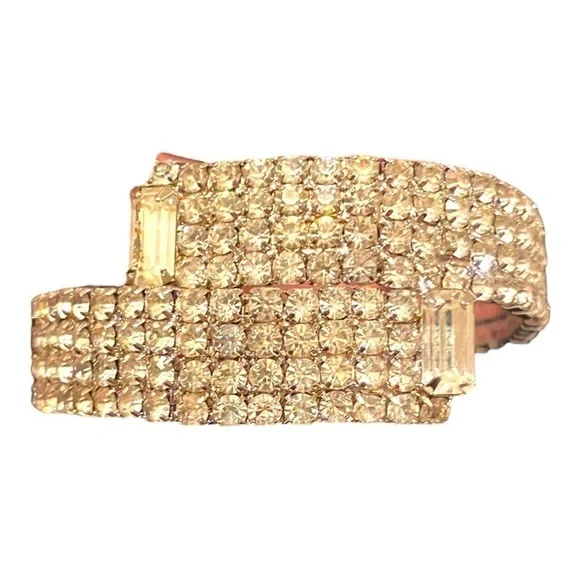 Vintage Silver Toned Round and Baguette Rhinestone Wrap Hinged Bracelet - Picture 2 of 4